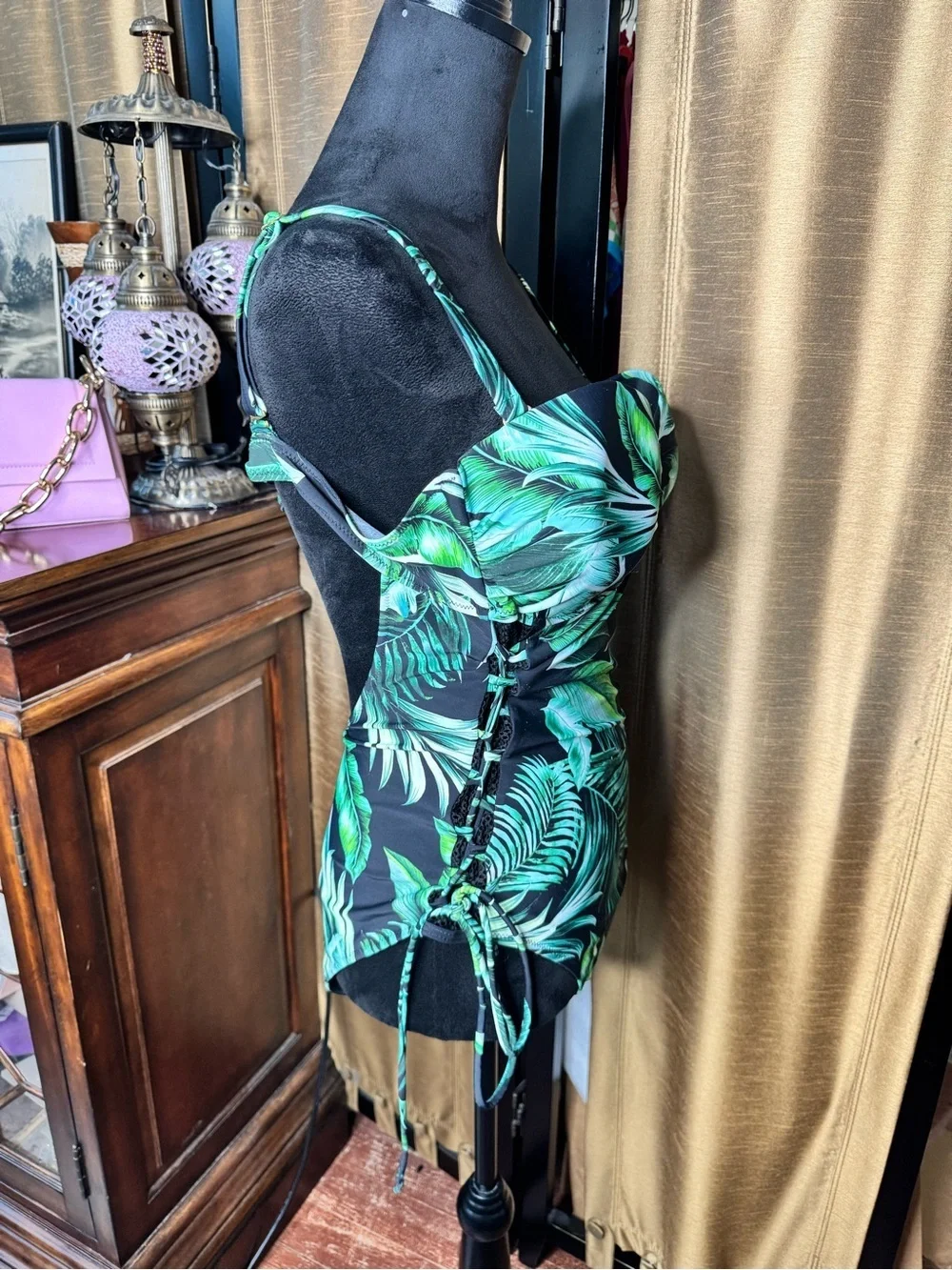 Miss Linda Tropical Palm Print One Piece Swimsuit US 14 NWT